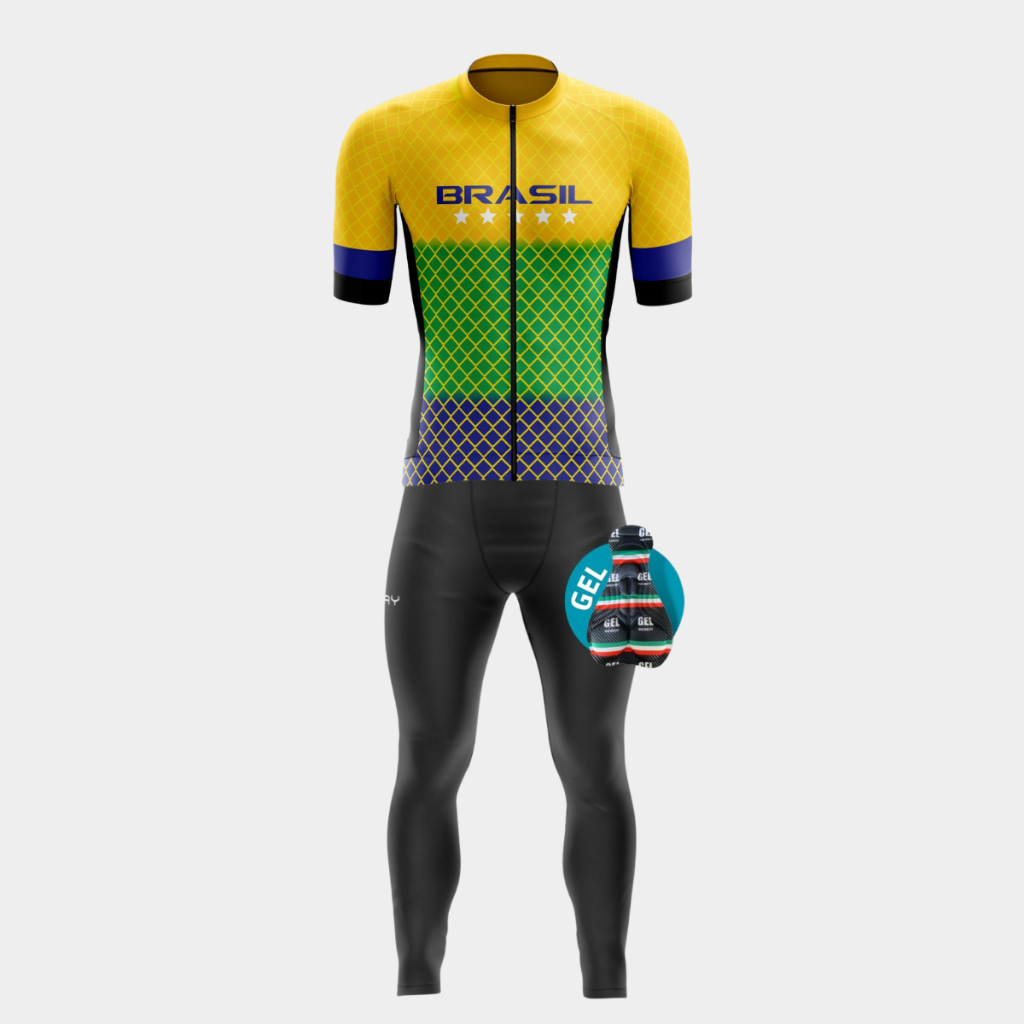 Conjunto Ciclista Masculino Camisa Slim Ziper Total Conforto Calça Forro Gel Pedal Speed