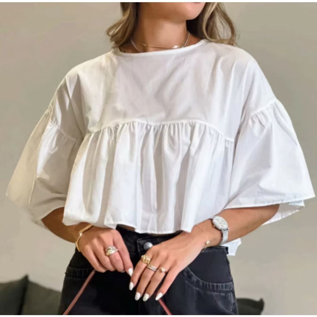 Blusinha Cropped Franzido Largo Moda Feminina em Oferta na Shopee