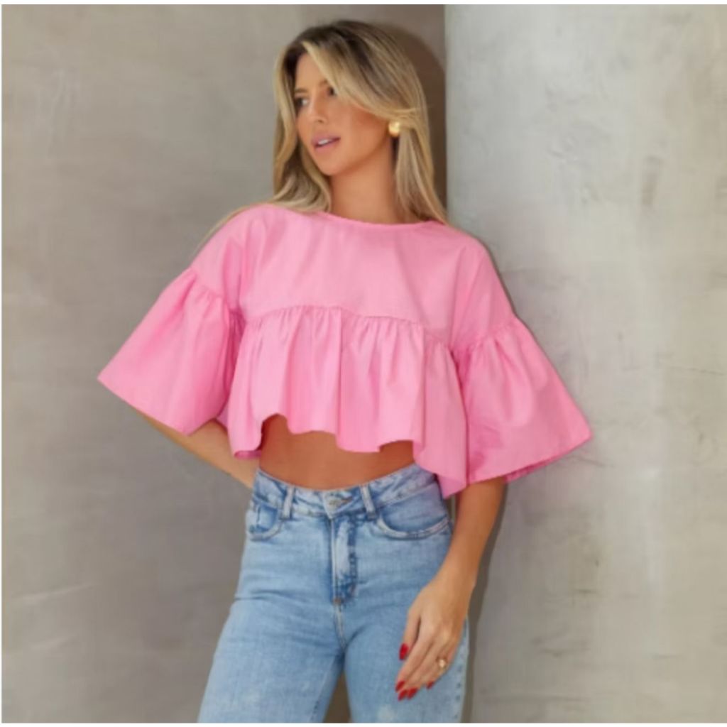 Blusinha Feminina Larga Franzida Cropped em Oferta na Shopee