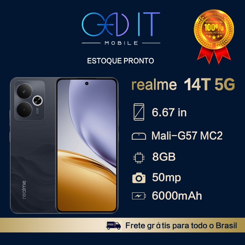 Smartphone Realme 14T 5G 8GB RAM 256GB Versão Global Original À Prova D'Água IP69 Dual Sim