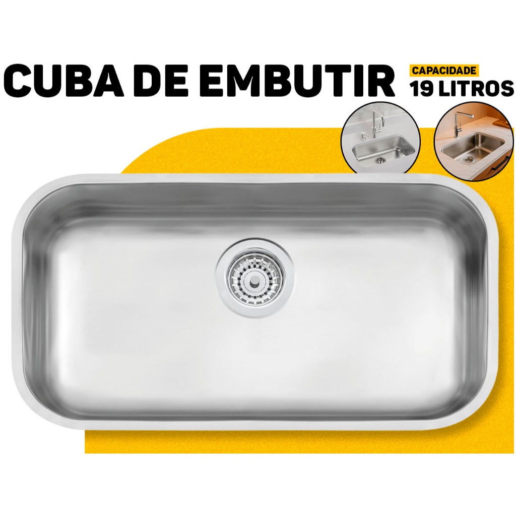 Cuba Embutir Retangular 56x34 Inox Escovado 29L Lavínia C/ Válvula Aço 304 Tramontina P/ Cozinha Gourmet