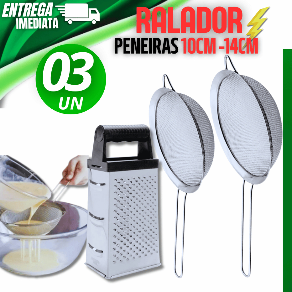 Peneira 14cm +10cm Coador Manual Aço Inox Para Cozinha Utilidade Ralador 4 Faces Inox