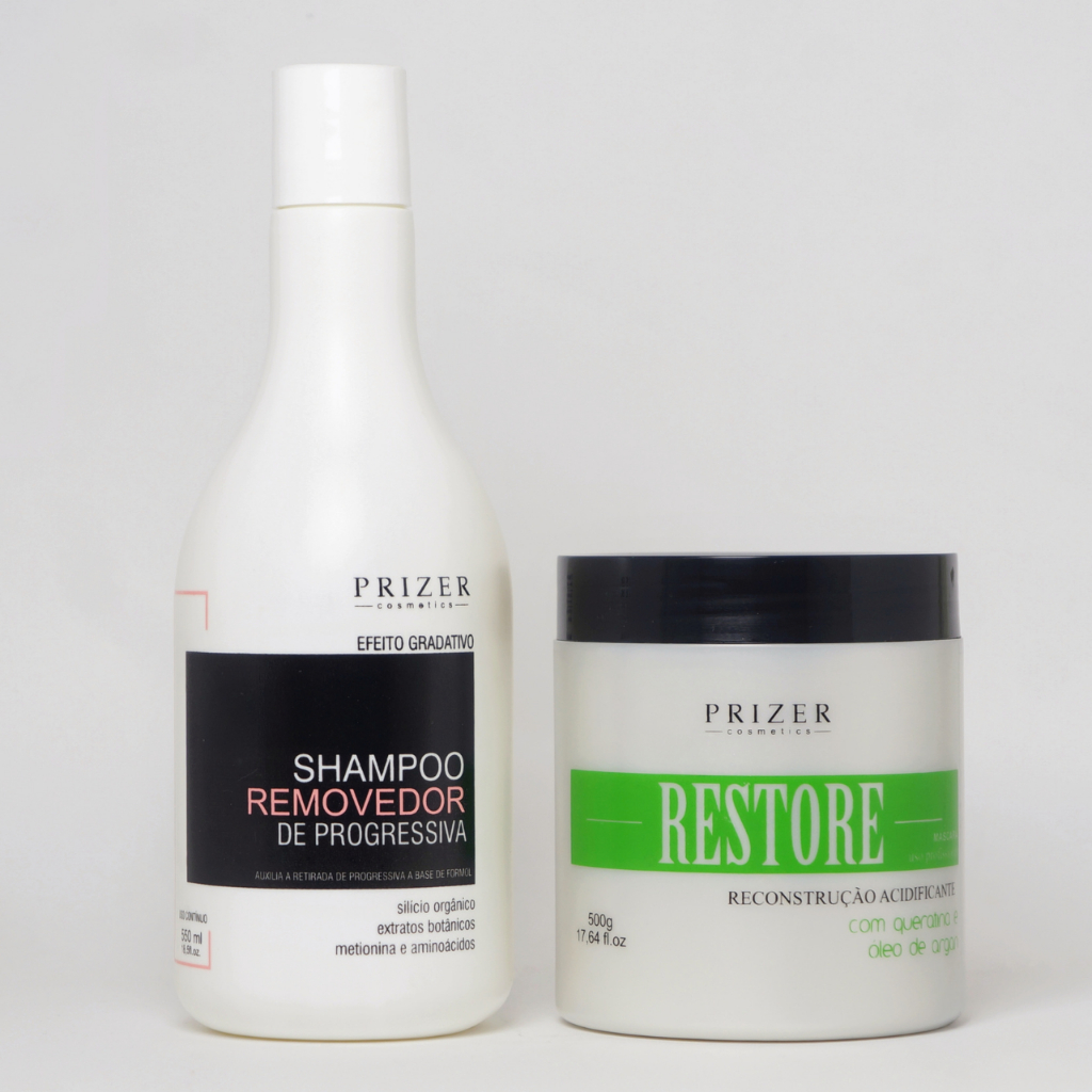 Removedor De Progressiva Shampoo 550ml e Máscara Restore Reconstrução 500g Prizer