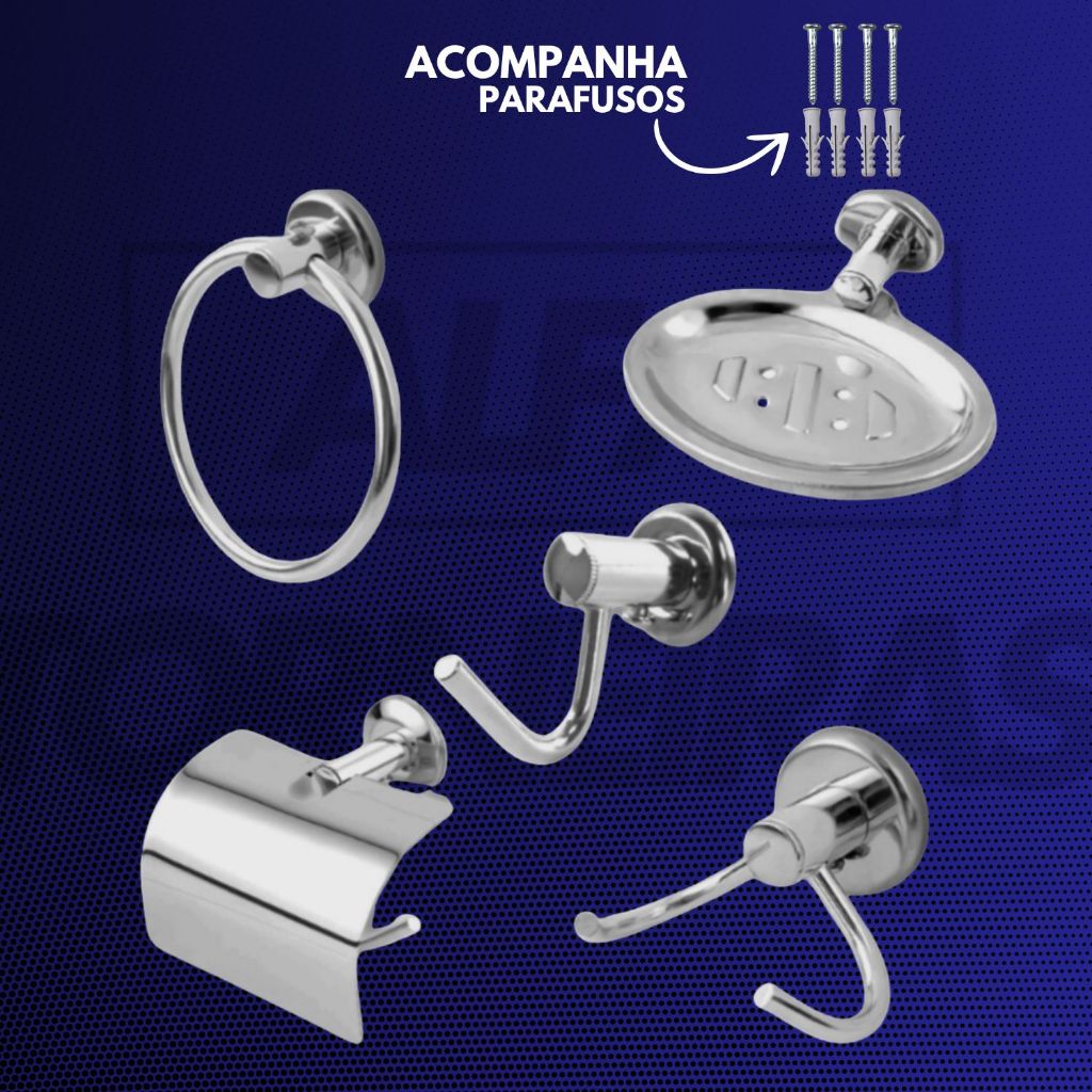 Kit Acessórios 5 Peças Banheiro Inox Slim Conjunto Completo Cromado Fixação Dupla em Oferta na Shopee