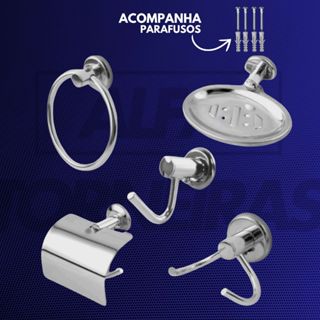 Kit Acessórios 5 Peças Banheiro Inox Slim Conjunto Completo Cromado Fixação Dupla em Oferta na Shopee