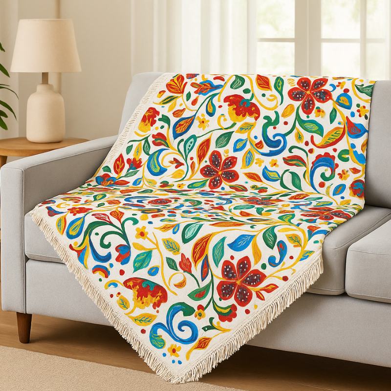 Manta Xale Sofá Cama Poltrona Franja Jacquard Estampado 1,50m Estampa Floral Farm Mordena Geométrica