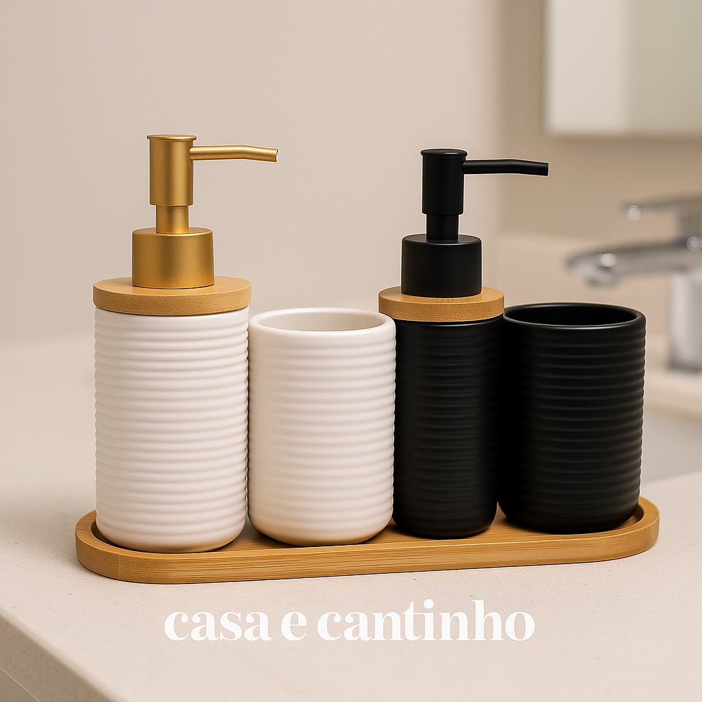 Kit Banheiro Lavabo Porta Sabonete liquido Dispenser e Porta Escova de Dente Cerâmica para...