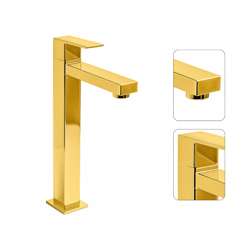 Torneira Quadrado de Banheiro Alta Fria Dourado Gold Inox 1/4 de volta Para Cuba de Sobrepor Luxo