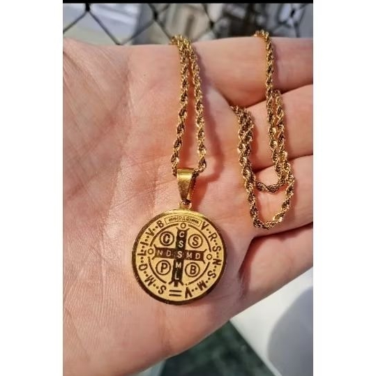 Colar Cordão Baiano medalha São Bento dupla moeda antiga banhada ouro