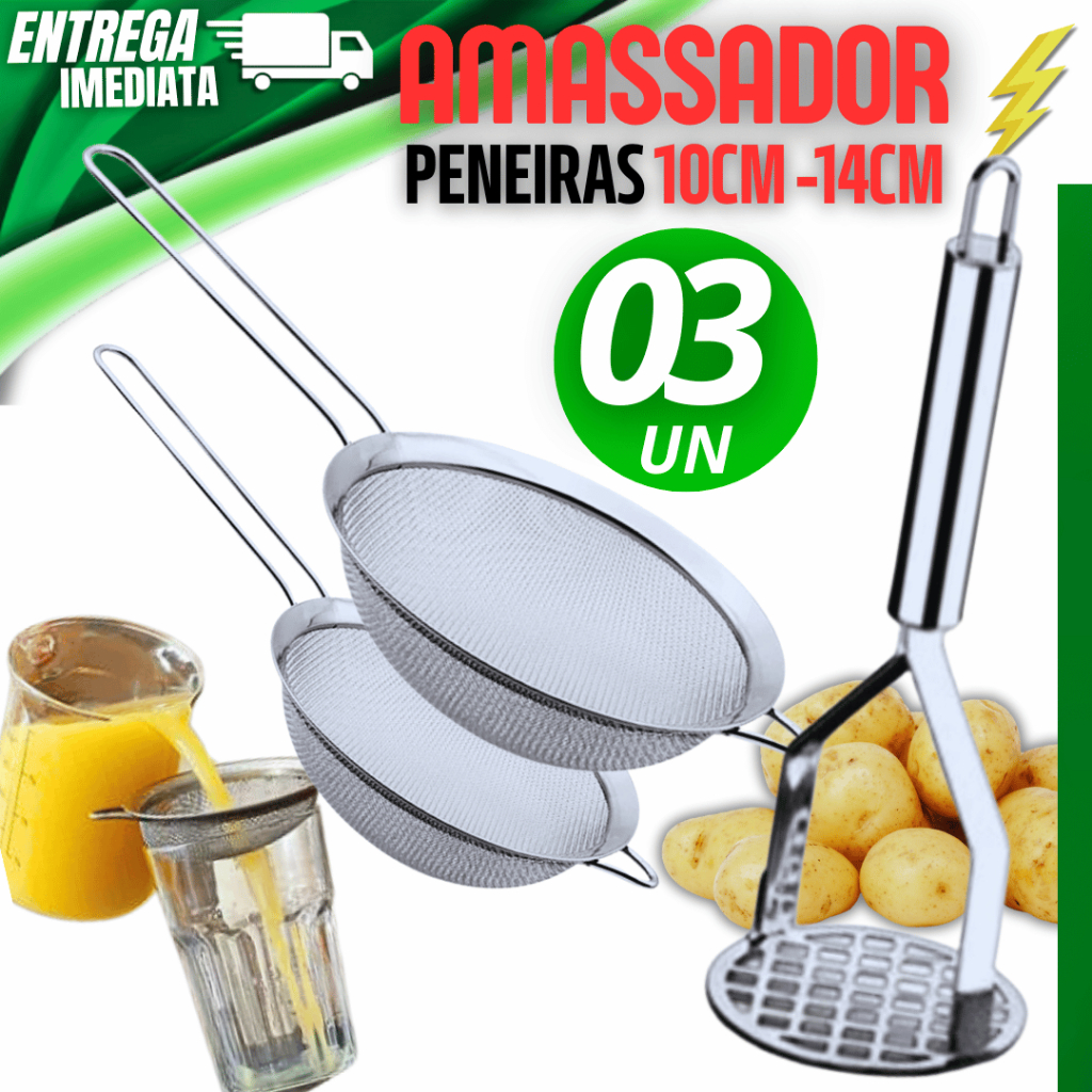 Kit 03 Peças Peneira12cm + 10cm Coador Manual Aço Inox Para Cozinha Utilidades + Amassador Batatas