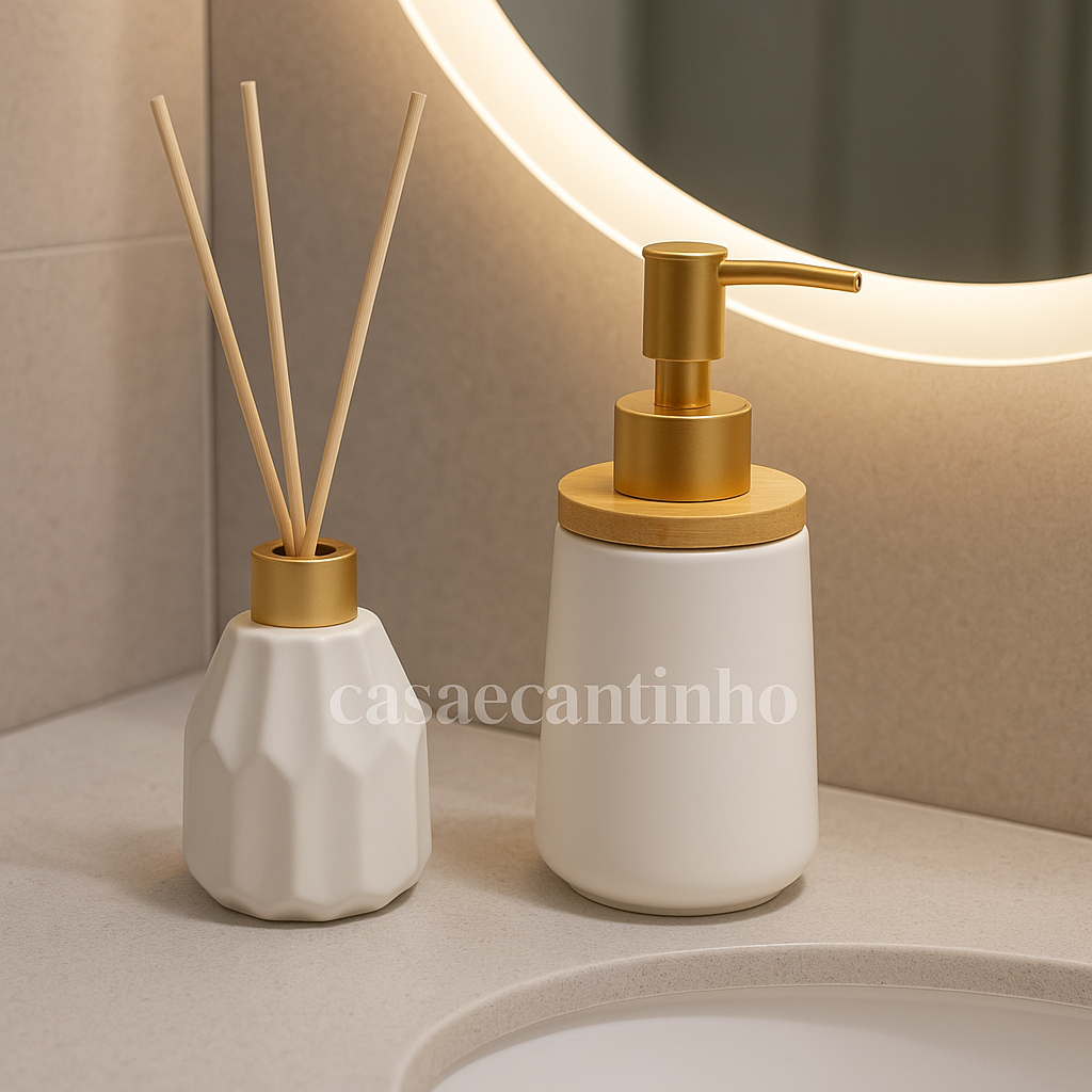 Kit Banheiro Lavabo Porta Sabonete liquido Dispenser e Porta Escova de Dente Cerâmica para...