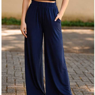 Calça Pantalona em viscolycra confortável com bolso lateral e cós com elástico em Oferta na Shopee