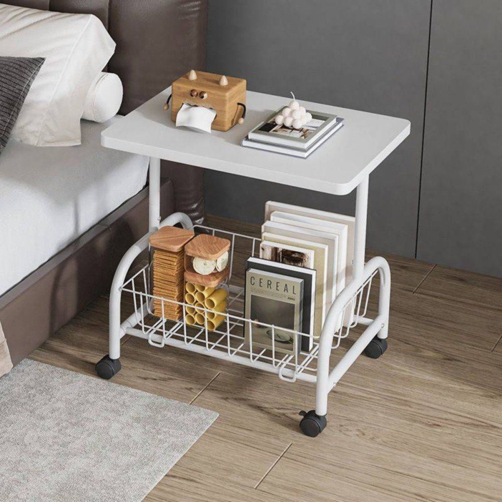 Mesa Lateral Metal MDF Multiúso com Rodinhas Branca Casa Sala Quarto Escritório + Luminária Bivolt