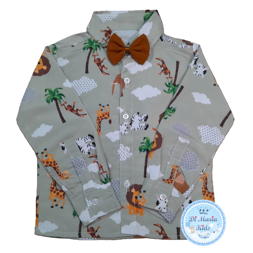 Camisa Temática Safari Infantil Social Manga Longa com Gravata Pronta Entrega