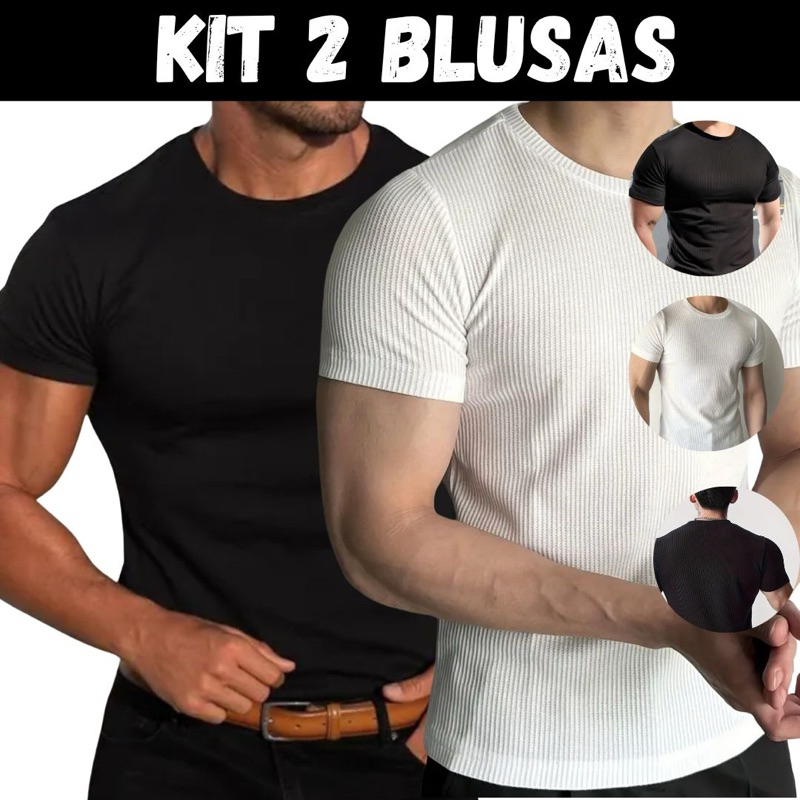 Kit 2 Camiseta 100% Canelada Masculina Blusa Slin