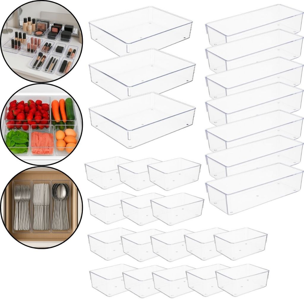 Kit 26 Peças Organizador Acrílico Cristal Modular Geladeira Gavetas Maquiagem