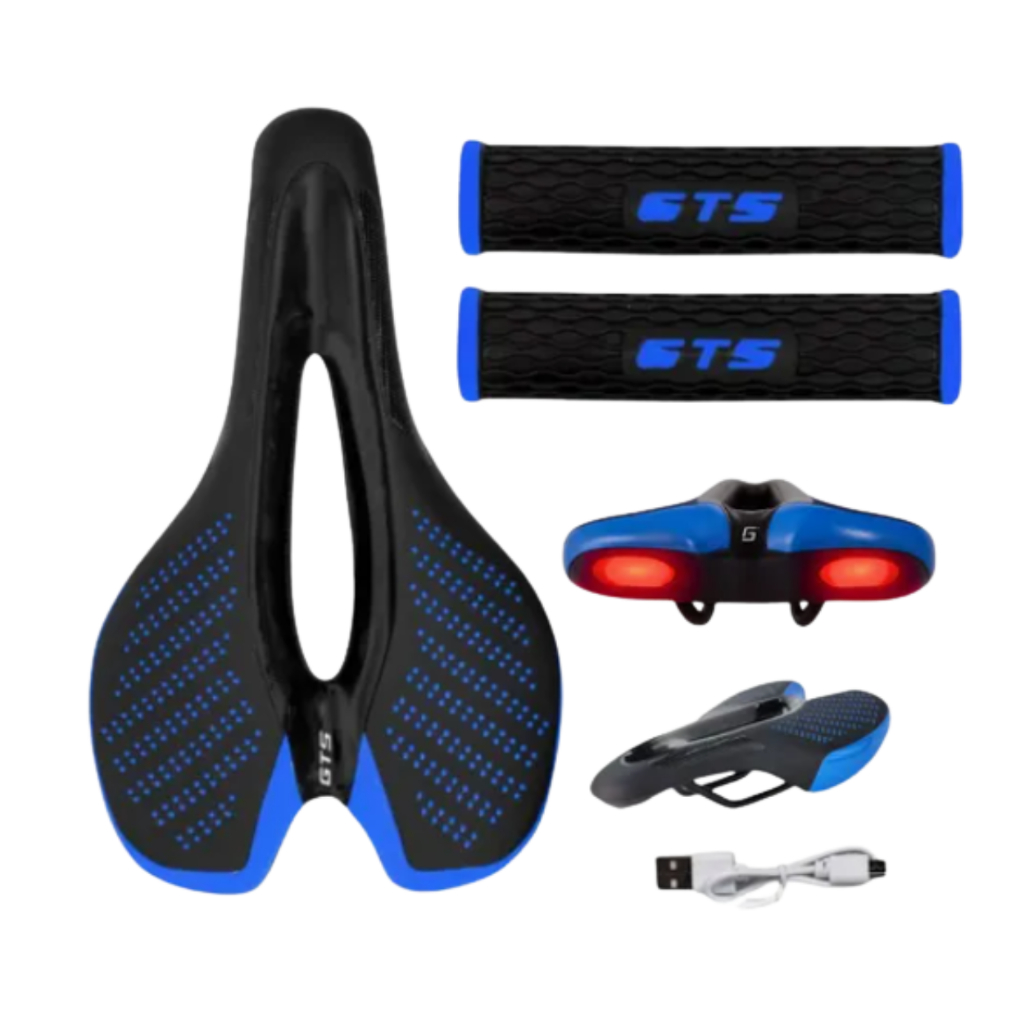 Banco Selim Vazado Mtb Speed C/ Led Embutido Recarregável Light + Punho Preto C/ Azul