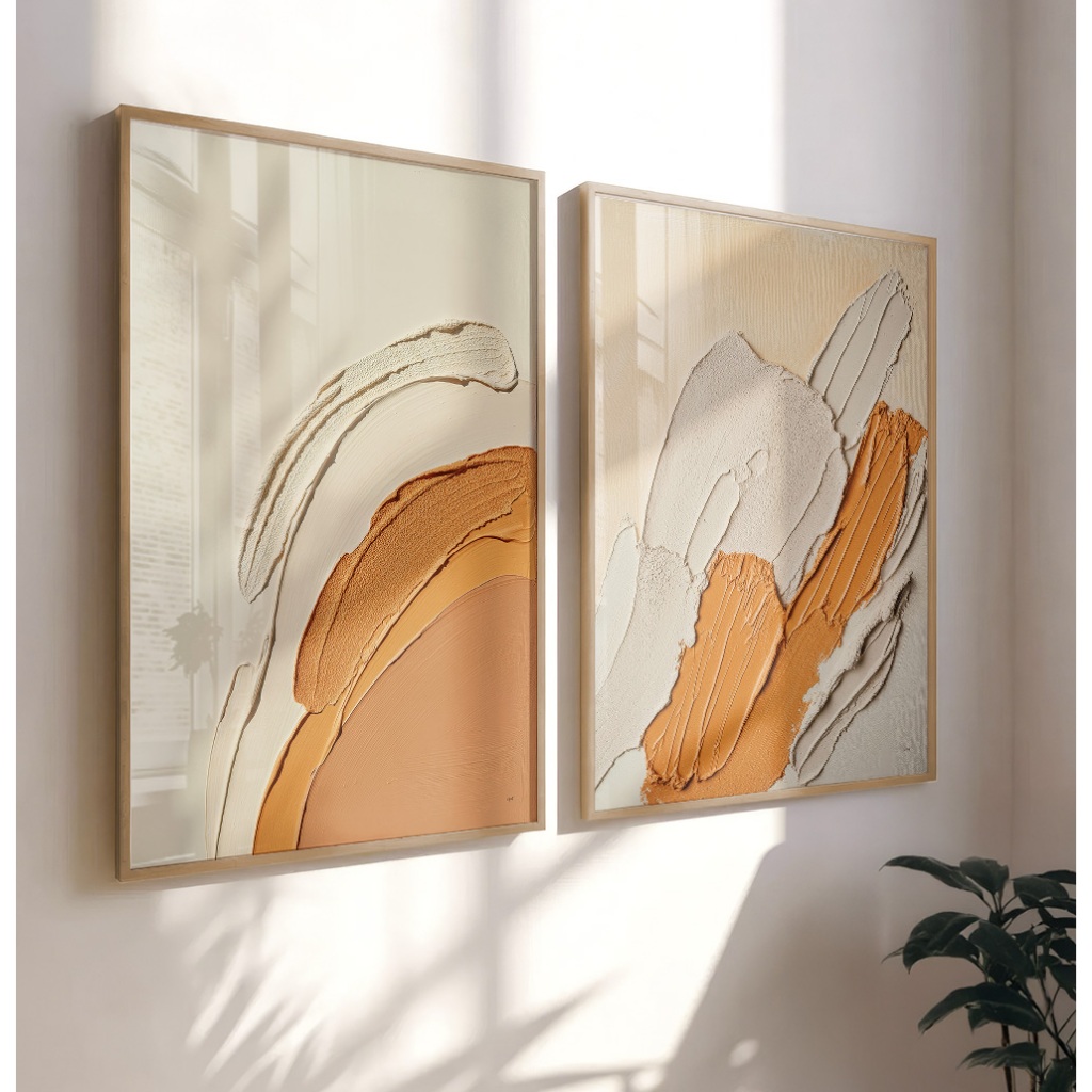 Quadro Moderno Abstrato Grande Quadros Decorativos Sala Com Moldura Estilo Gesso Laranja Bege Duo