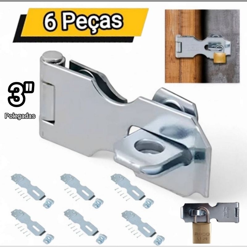 kit 6 trinco  fecho Dobradiça para cadeado de aço 4" polegadas 12 cm com parafusos em Oferta na Shopee
