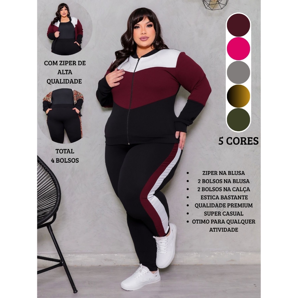 Conjunto Feminino Plus Size Linha Premium Calça e Blusa Com Ziper Malha Crepe Confortável Calça Jogger 2 Bolso Moleton S