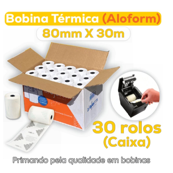 Bobina Térmica 80x30 Aloform Caixa com 30 Unidades Rolos Papel Cupom Fiscal Branca Pdv impressora