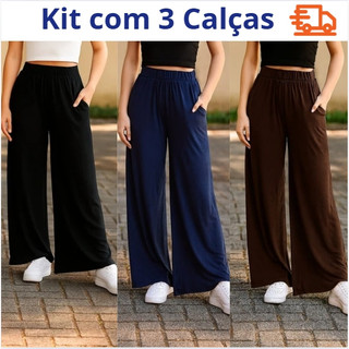 Kit com 3 Calças femininas leve e elegante modelo pantalona com bolso lateral.