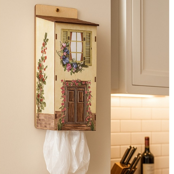 Puxa Saco Parede Casa Mdf Organizador de Sacolas Casinha Madeira