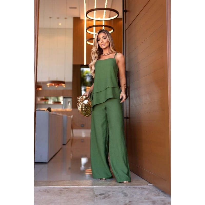 Conjunto feminino alfaiataria elegante calça pantalona e blusa assimétrica