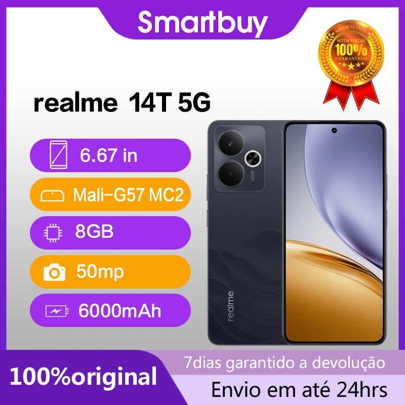Smartphone Realme 14T 5G 8GB RAM 256GB Versão Global Original À Prova D'Água IP69 Dual Sim