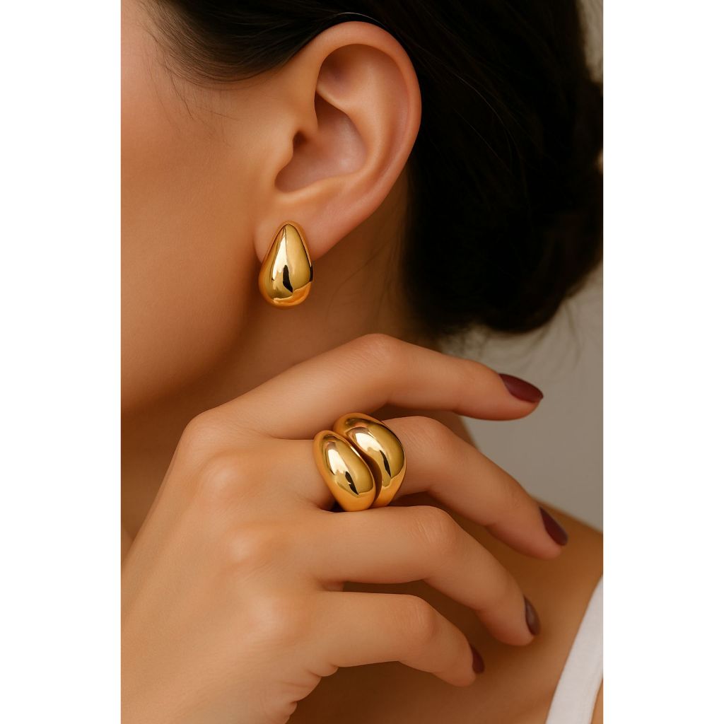 Kit Feminino Brinco Gota Médio 3cm + Anel Ajustável | Dourado/Prata | Moda Elegante em Oferta na Shopee