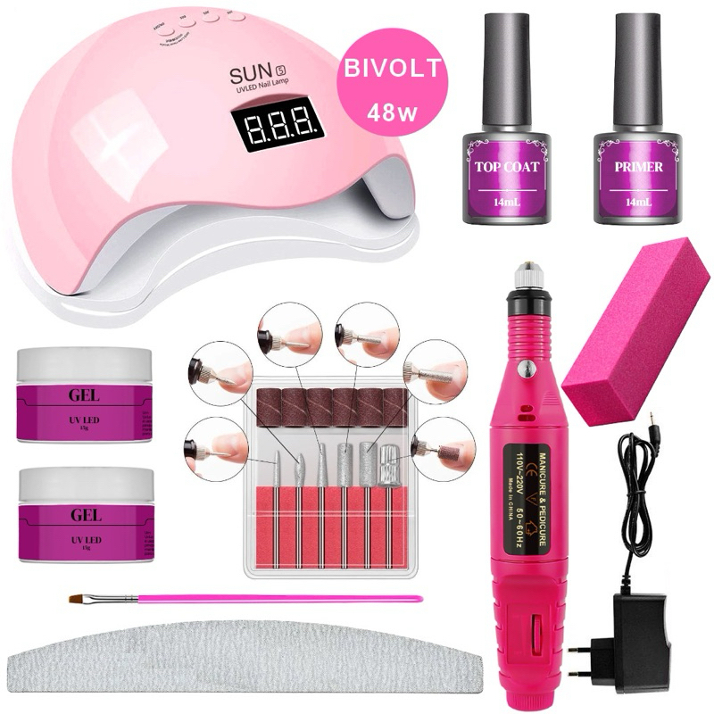 kit Unha de Gel Completo Alongamento Unhas Manicure Cabine Profissional Lixadeira Caneta Elétrica