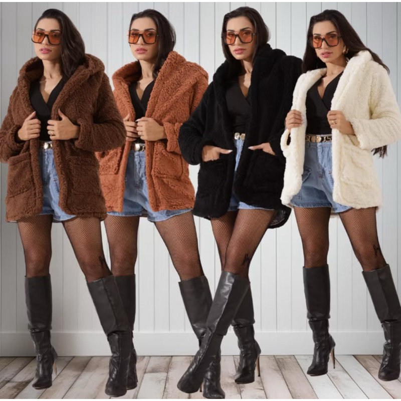 Blusa Casaco Pelinhos Sobretudo Teddy Com Capuz e Bolsos Laterais Inverno Jaqueta Feminina Manga Longa