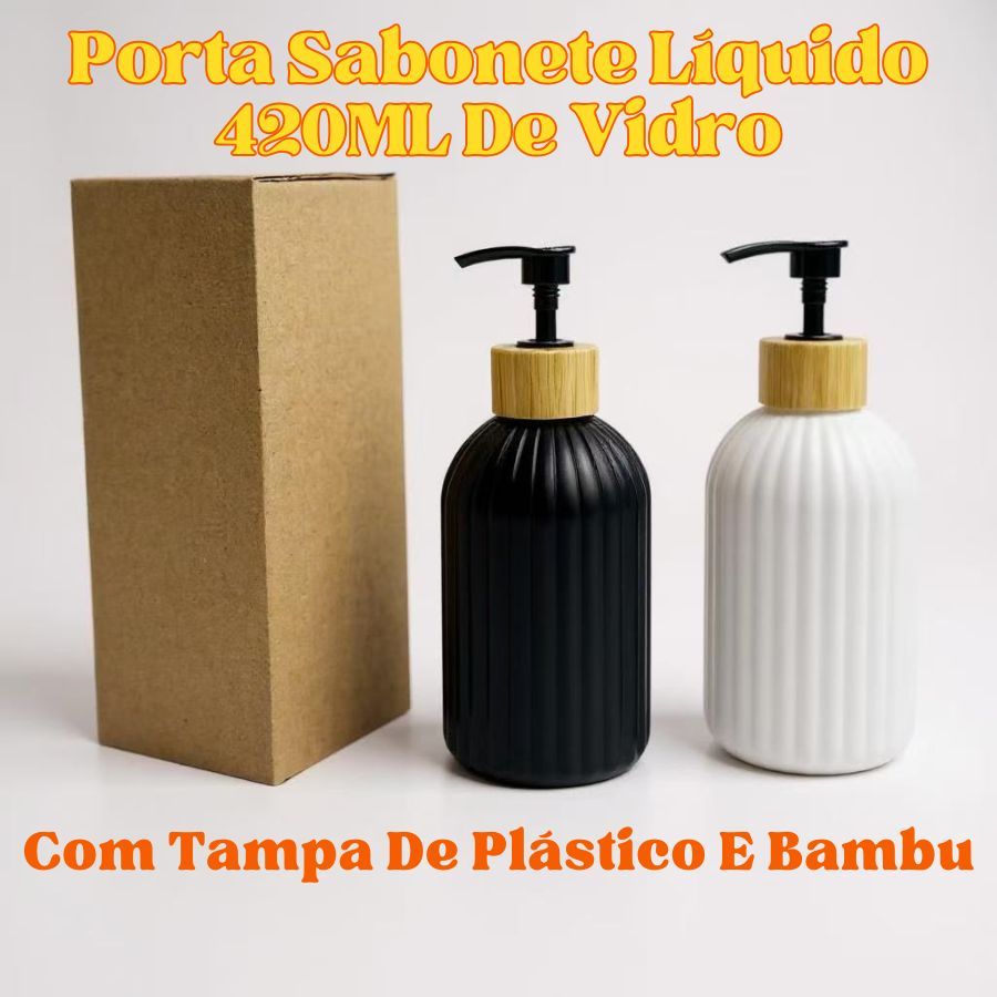Porta Sabonete Líquido 420ML De Vidro Para Banheiro Com Tampa De Plástico E Bambu Branco Ou Preto em Oferta na Shopee