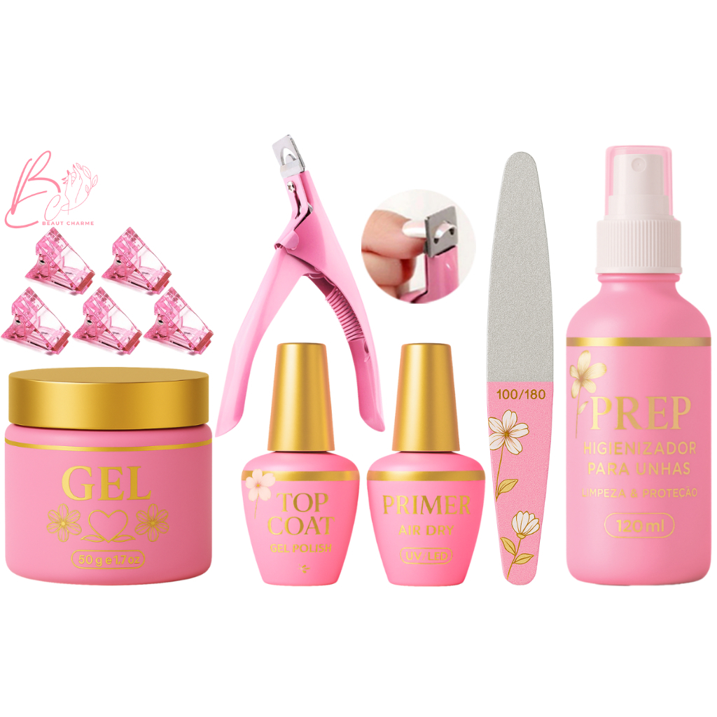 Kit Manicure Top Coat e Primer Preparadores de Unhas em Gel Presilha Alicate de Unha