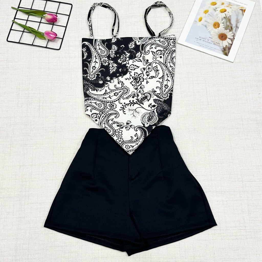 Conjunto camisa com tamanho unico com amarra atras e com estampa , short com ziper sem bolso em Oferta na Shopee