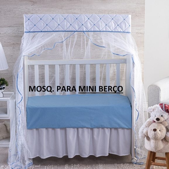MOSQUITEIRO ( CORTINADO) PARA **** MINI BERÇO **** BRANCO BORDADO GOTA AZUL em Oferta na Shopee