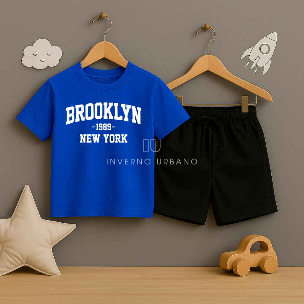 Conjunto Bermuda Preta Com Bolso + Camiseta Algodão "Brooklyn" Moda Infantil Kids Juvenil