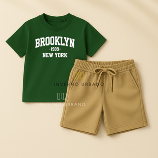 Conjunto Bermuda Bege Com Bolso + Camiseta Algodão "Brooklyn" Moda Infantil Kids Juvenil em Oferta na Shopee