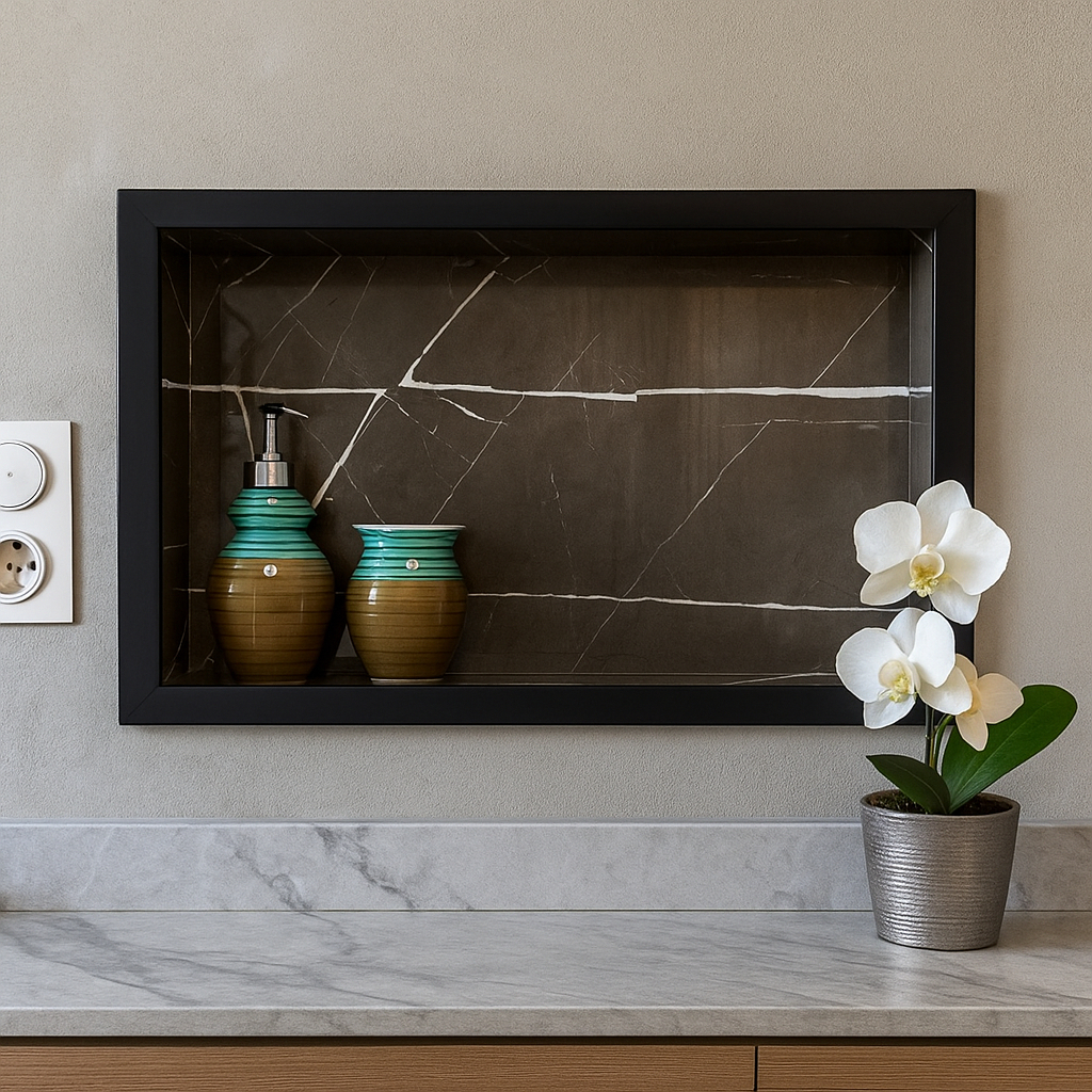 Nicho Box Porcelanato/Cerâmica 33x53x11 Borda De Alumínio Modelo Marrom Nero Polido