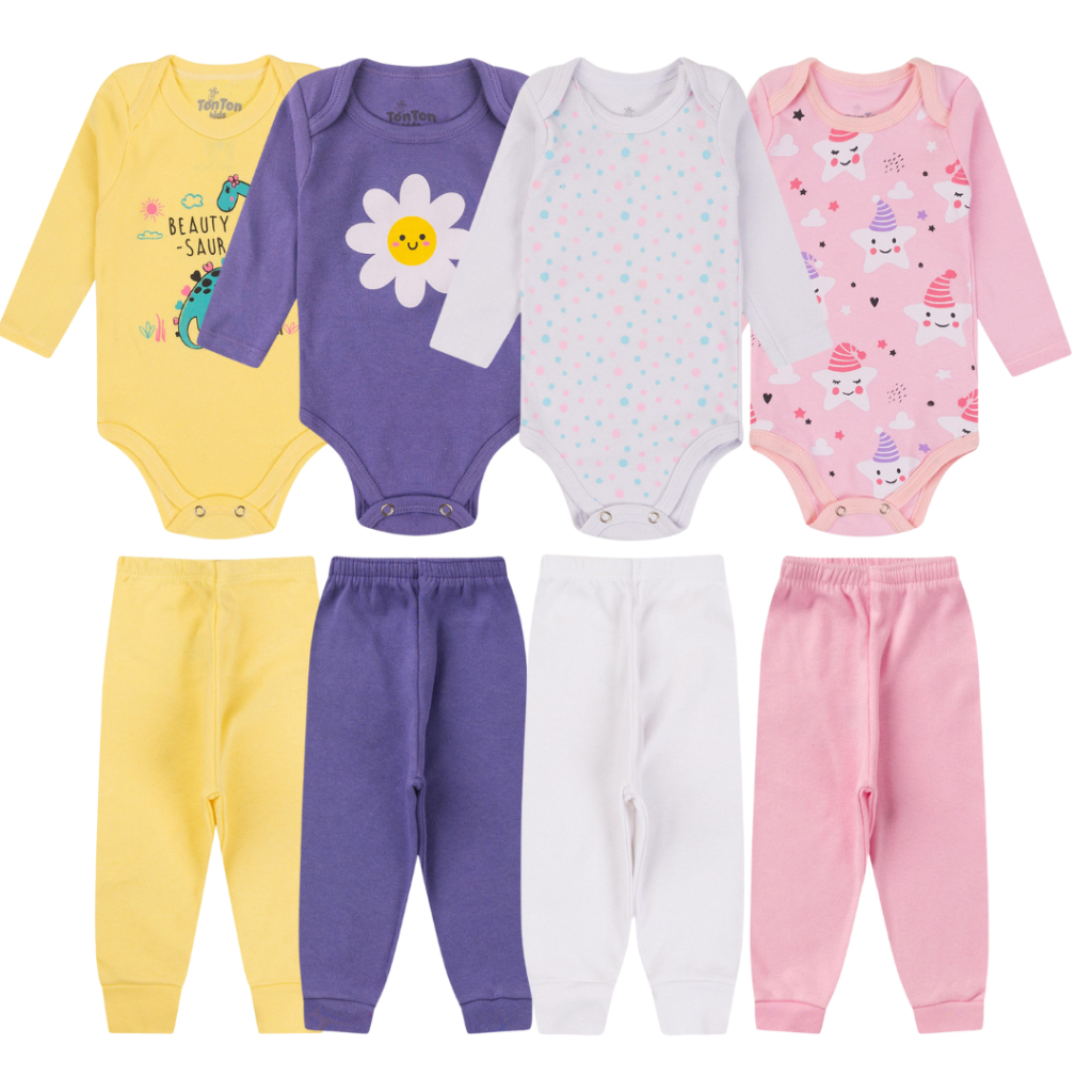 Kit 8 Peças Body Bebe MENINA 100% Algodao - 4 Conjuntos em Oferta na Shopee