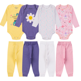 Kit 8 Peças Body Bebe MENINA 100% Algodao - 4 Conjuntos em Oferta na Shopee