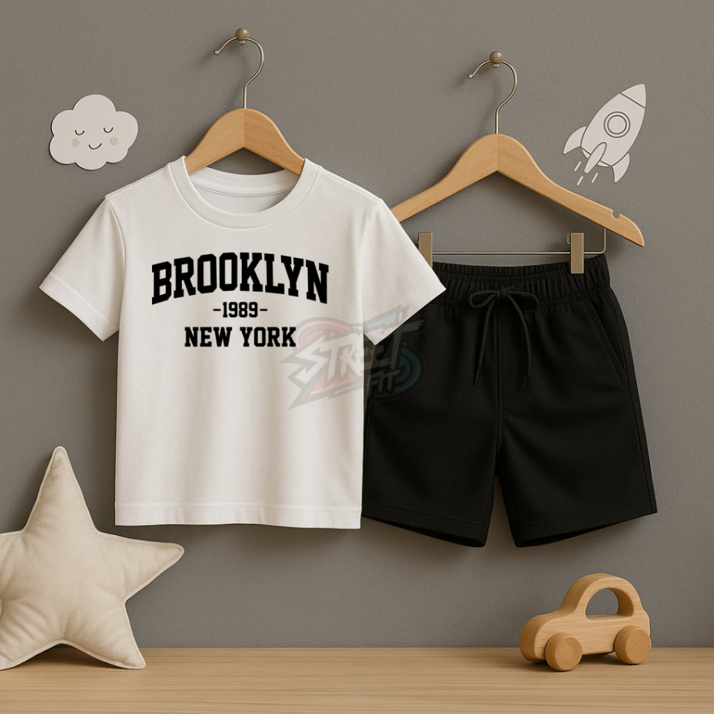 Conjunto Bermuda Preta Com Bolso + Camiseta Algodão Brooklyn Moda Infantil Kids Juvenil