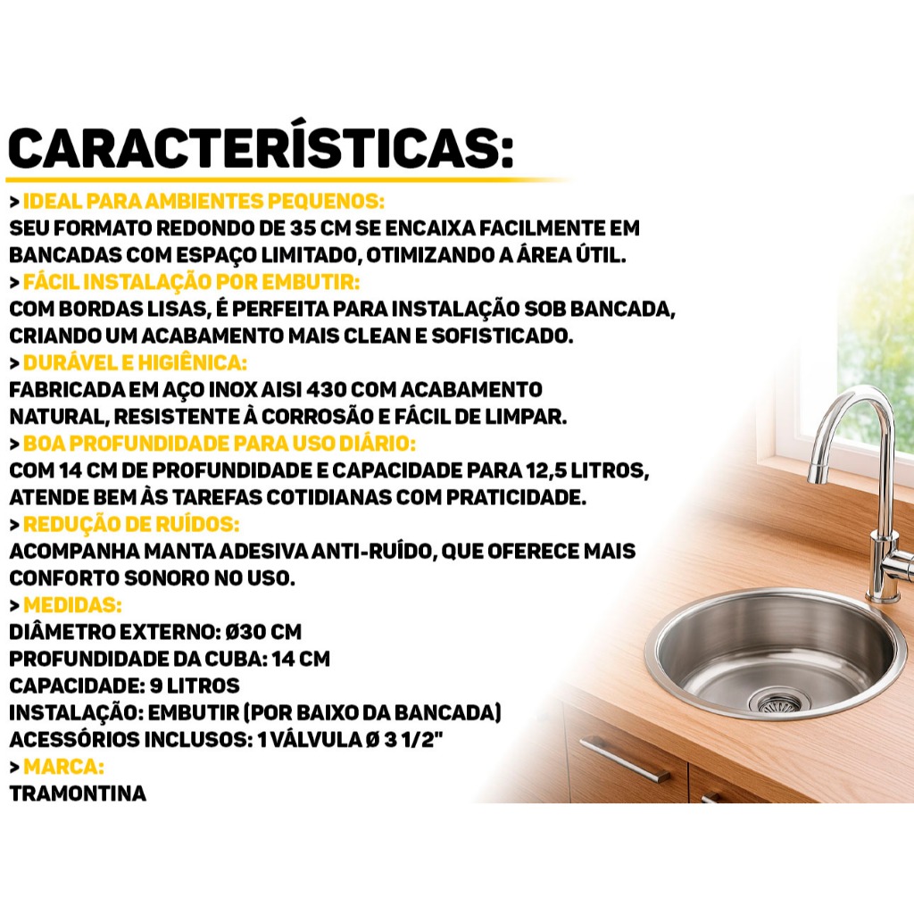 Cuba Embutir Redonda 30x14cm Aço Inox Para Cozinha Lavabo Acabamento Natural Tramontina Original · foto 2
