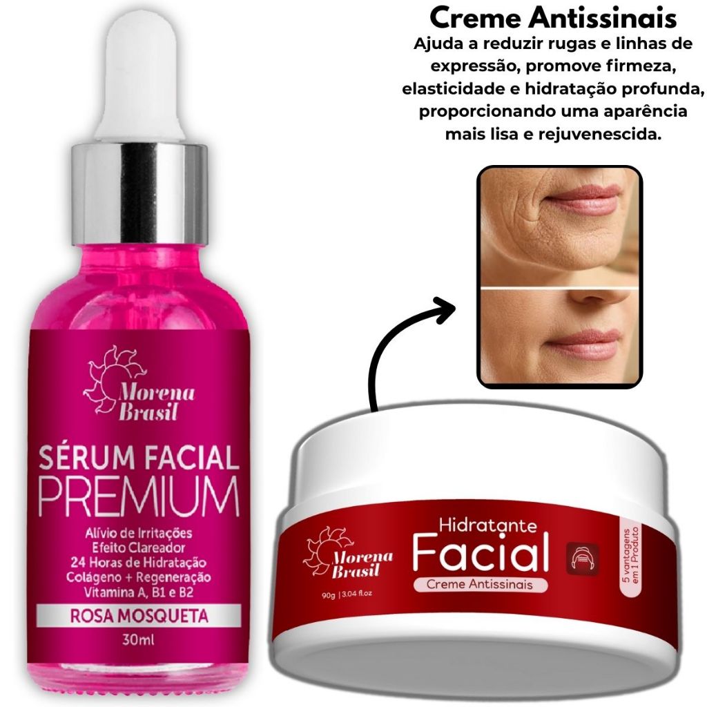 Kit Creme Antissinais + Sérum Facial - Rosa Mosqueta - Morena Brasil em Oferta na Shopee