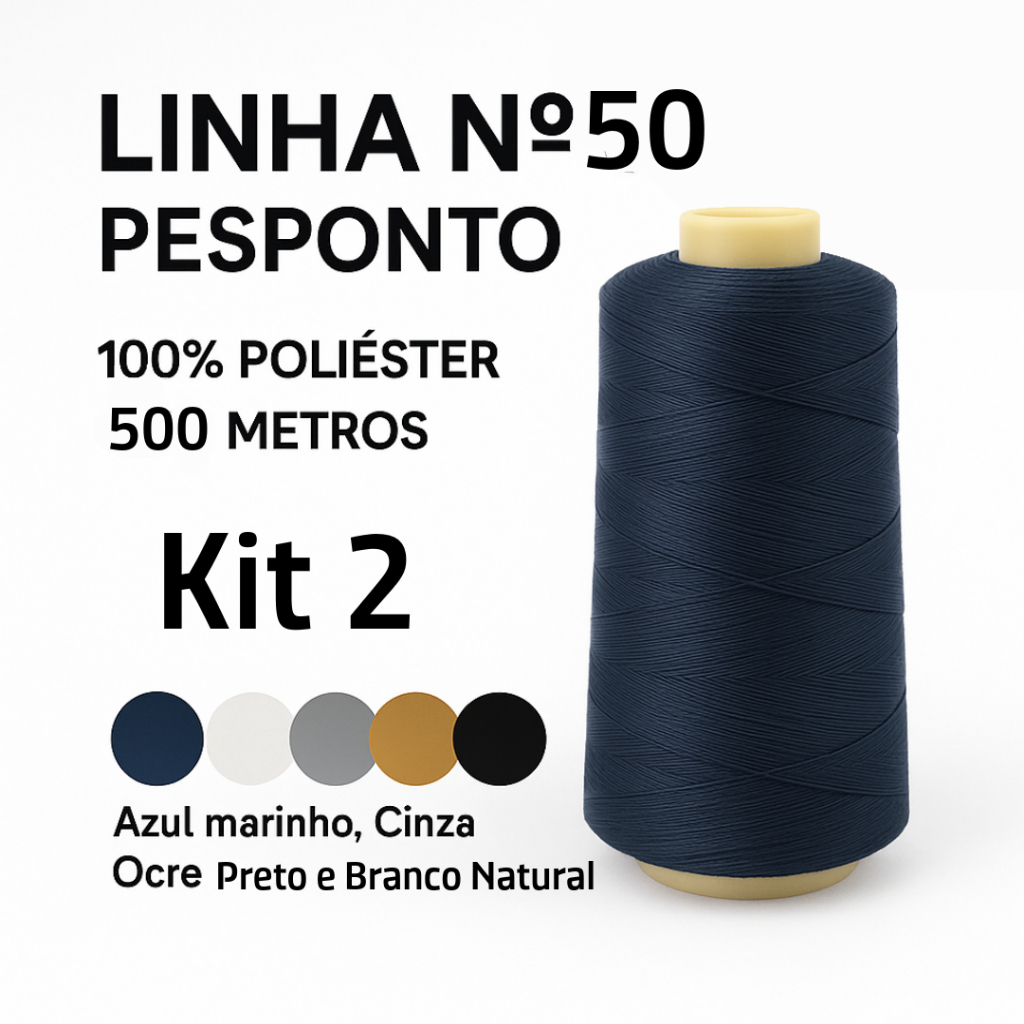 Kit 2 Linhas de costura n°50 Pesponto, 500 Metros Branco Natural, Preto, Azul Marinho, Cinza, Ocre