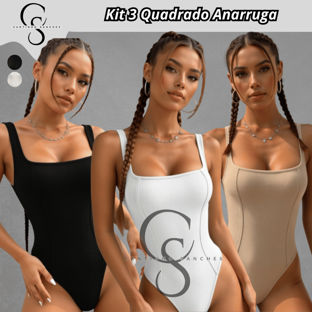 Kit 3 Body Feminino Regata Decote Quadrado Canelado Premium Moda Bory Tendência Verão
