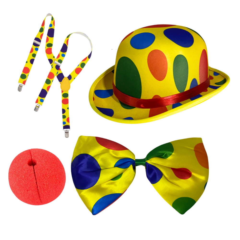 Fantasia de Palhaço Completa com Chapéu, Suspensório Colorido, Gravata Animada e Nariz Vermelho de Palhaço