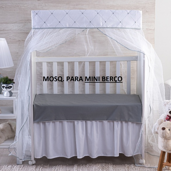 MOSQUITEIRO ( CORTINADO ) PARA **** MINI BERÇO ***** BRANCO BORDADO GOTAS CINZA