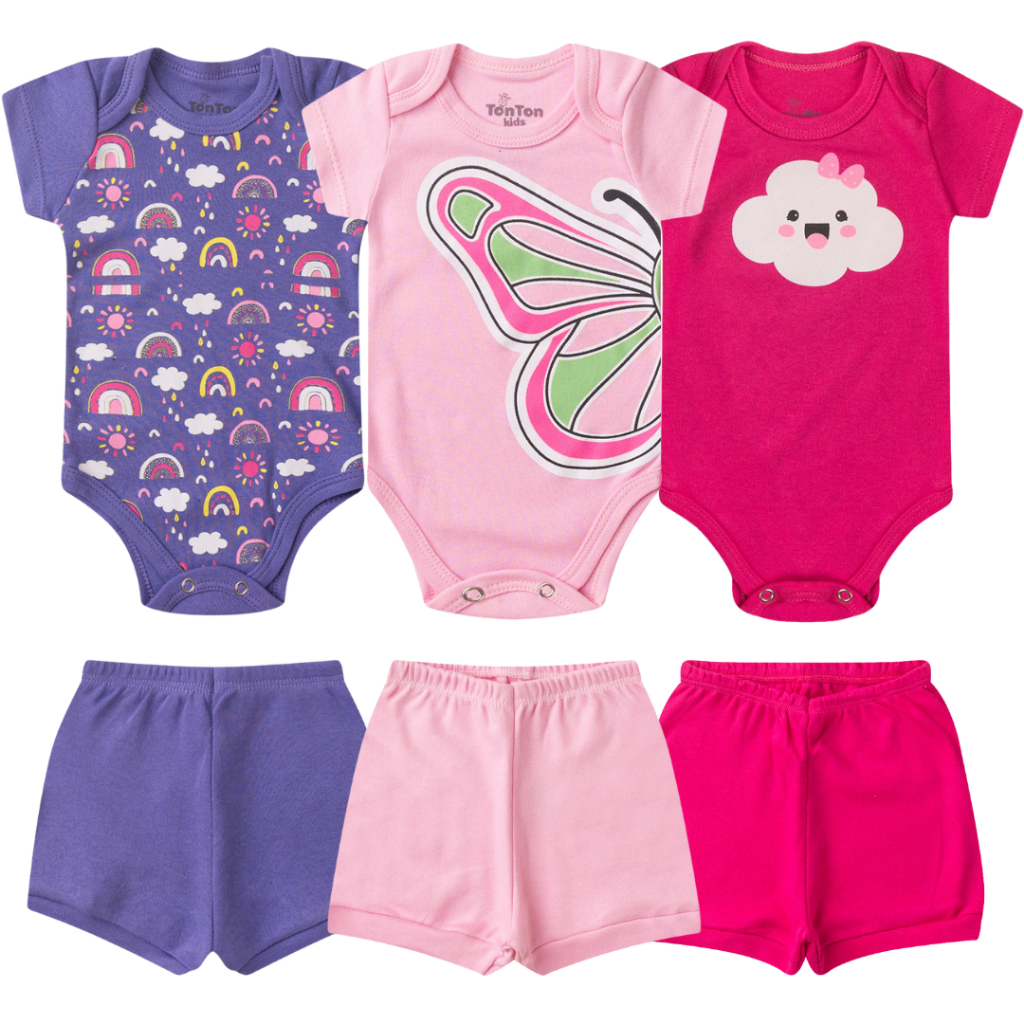 Kit 6 Peças para Bebês Body Manga Curta e Shorts Menina 100% algodao