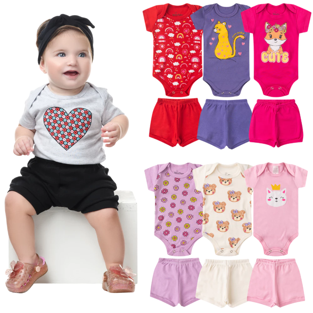 Kit Bebê Menina 8 Peças Verão | Body Manga Curta + Shorts | 100% Algodão | P M G GG